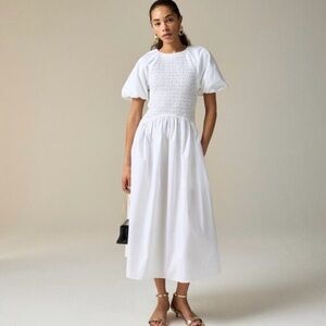 J. Crew White Midi Dress with Puff Sleeves
